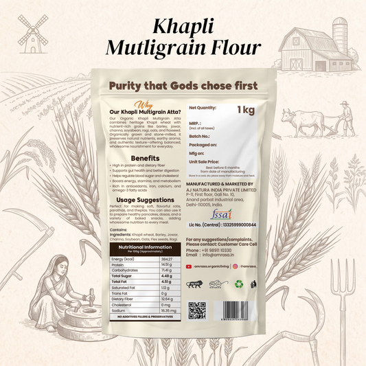 Khapli Multigrain Flour package with Amrasa branding on a rustic background
