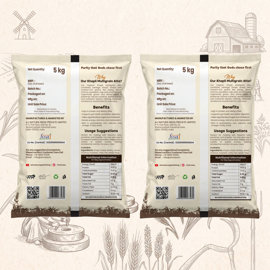 Two bags of 5 kg multigrain atta with labels and QR codes on a rustic background.