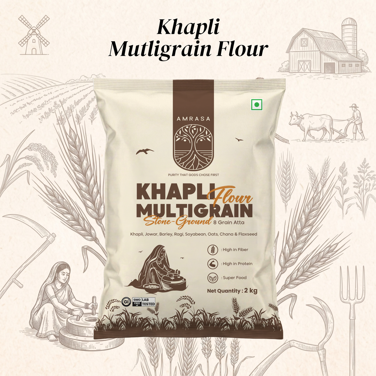 Amrasa Khapli Multigrain Flour package with rustic illustrations in the background