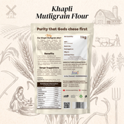 Khapli Multigrain Flour package with Amrasa branding on a rustic background