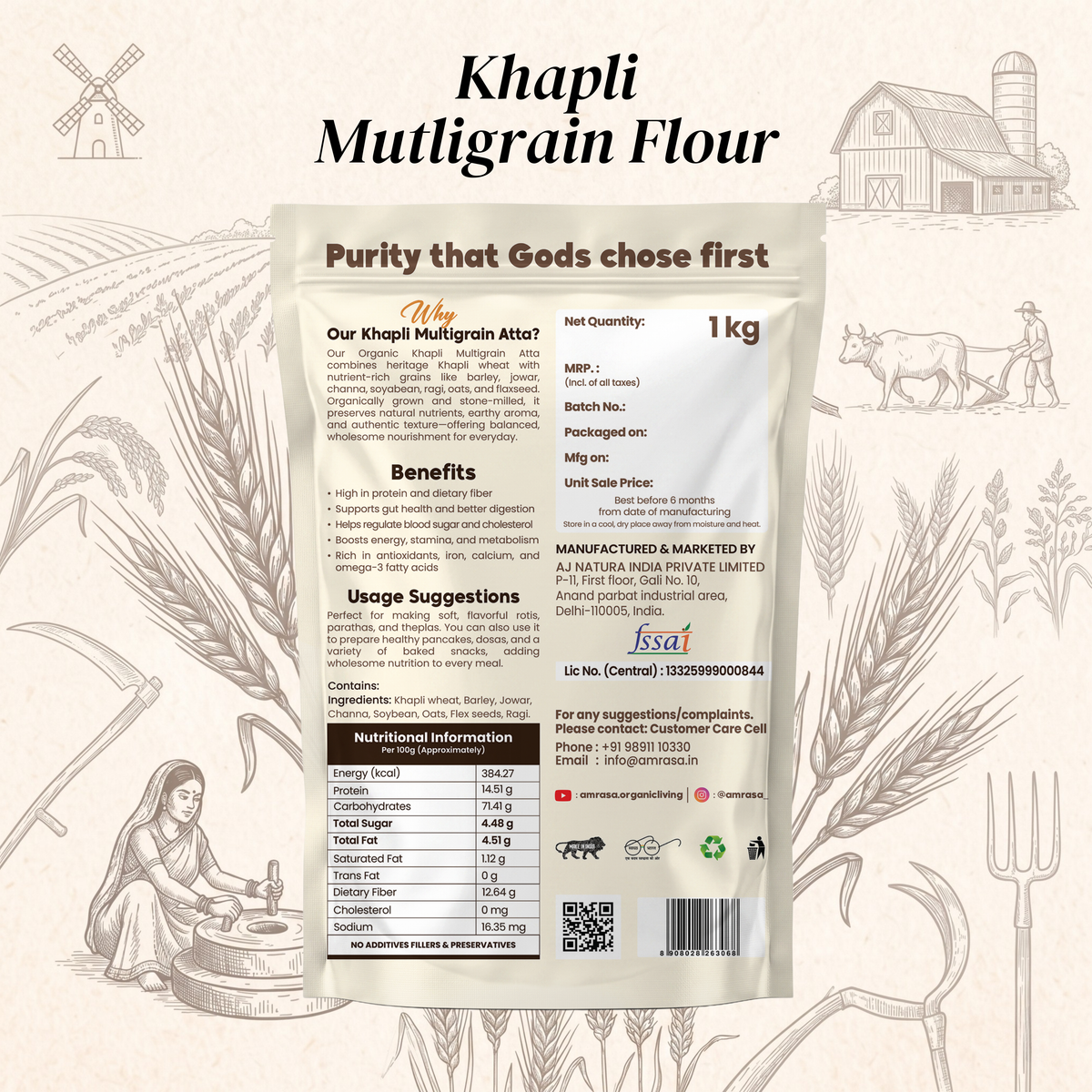 Khapli Multigrain Flour package with Amrasa branding on a rustic background