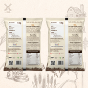 Two bags of 5 kg multigrain atta with labels and QR codes on a rustic background.