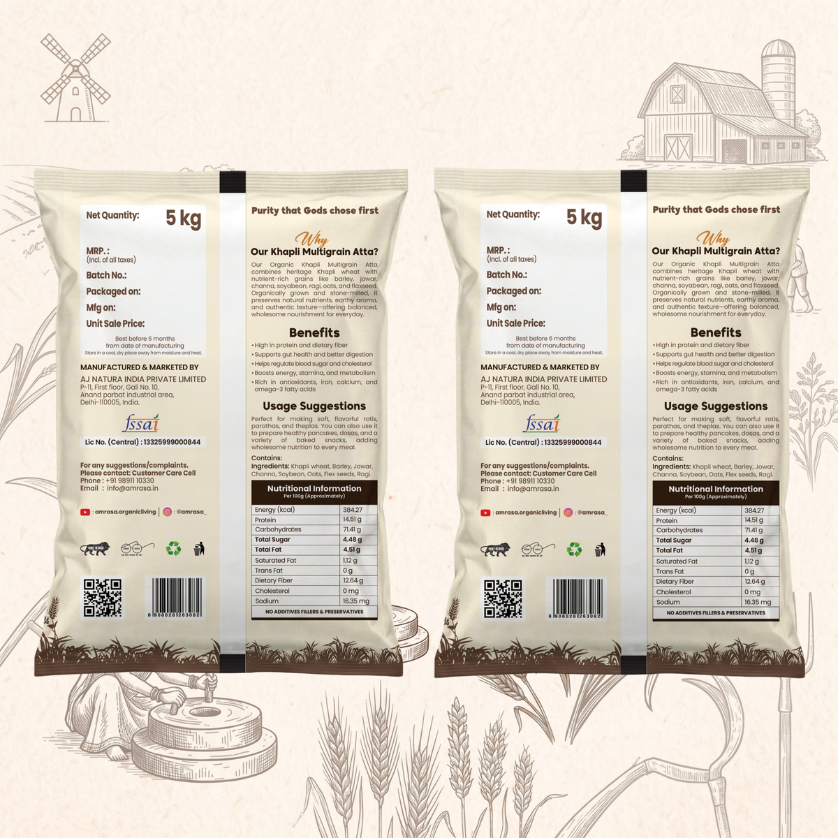 Two bags of 5 kg multigrain atta with labels and QR codes on a rustic background.