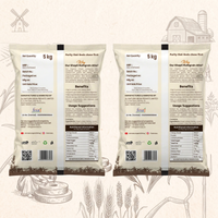 Two bags of 5 kg multigrain atta with labels and QR codes on a rustic background.