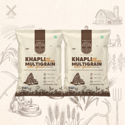 Two bags of Khapli Multigrain Flour with a rustic background featuring farm elements.