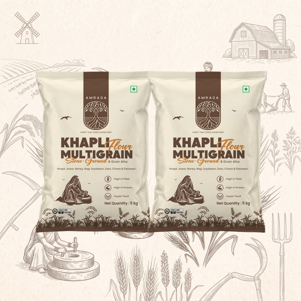 Two bags of Khapli Multigrain Flour with a rustic background featuring farm elements.