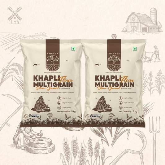 Two bags of Khapli Multigrain Flour with a rustic background featuring farm elements.