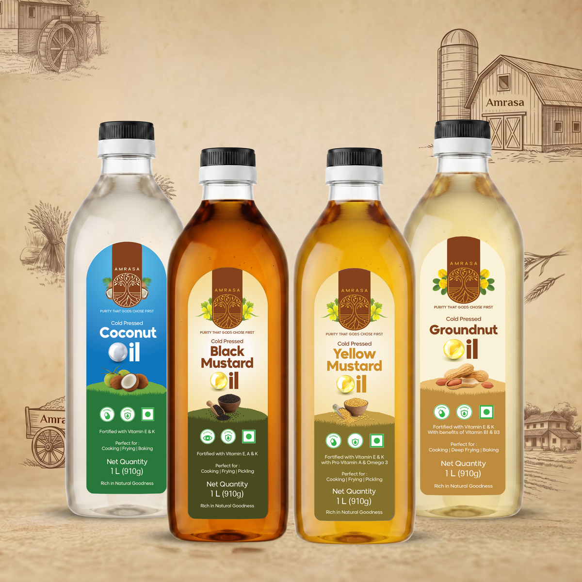 Set of 4- Yellow Mustard+ Black Mustard+ Groundnut+ Coconut Oil( 1 litre each)
