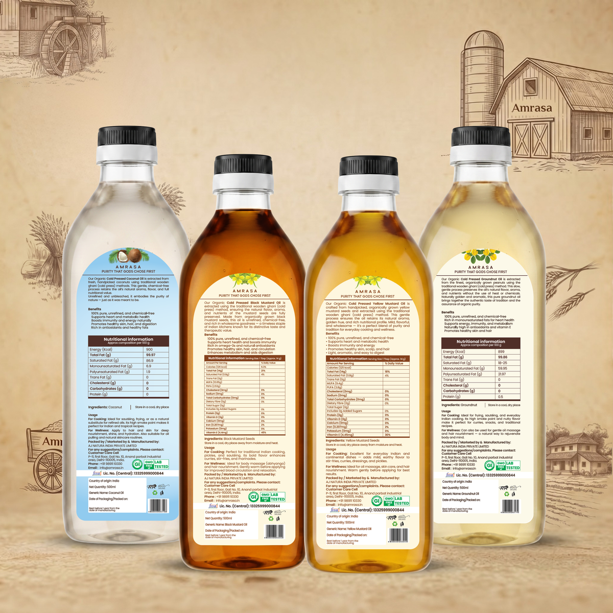 Set of 4- Yellow Mustard+ Black Mustard+ Groundnut+ Coconut Oil( 1 litre each)