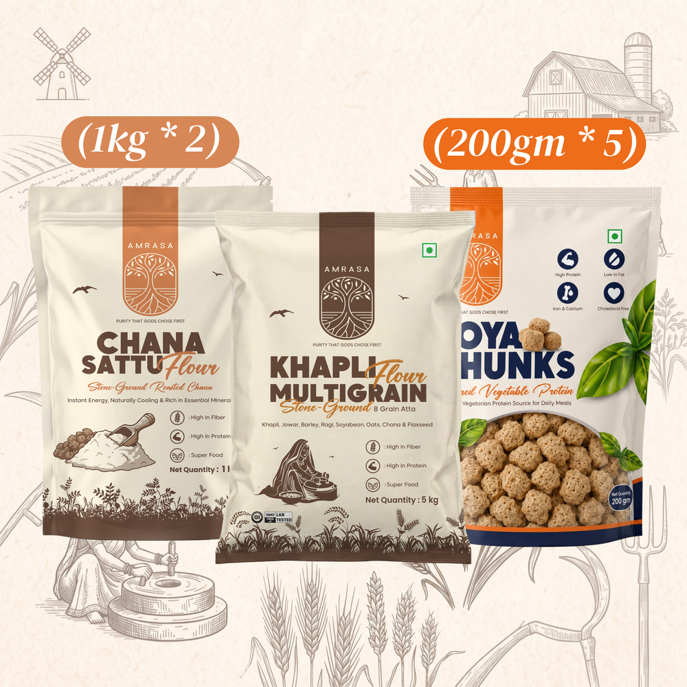 High Protein Bundles ( 1 Kg x 2 Roasted Chana Sattu Flour + 2Kg Khapli Multigrain Flour + 200gm x 5 Soya Chunks) 