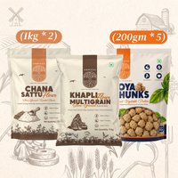 High Protein Bundles ( 1 Kg x 2 Roasted Chana Sattu Flour + 2Kg Khapli Multigrain Flour + 200gm x 5 Soya Chunks)