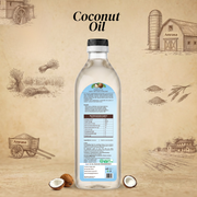 Bottle of coconut oil with a label on a rustic background featuring illustrations of a barn and farm.