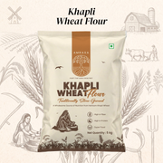 Bag of Khapli Wheat Flour with Amrasa branding on a rustic background
