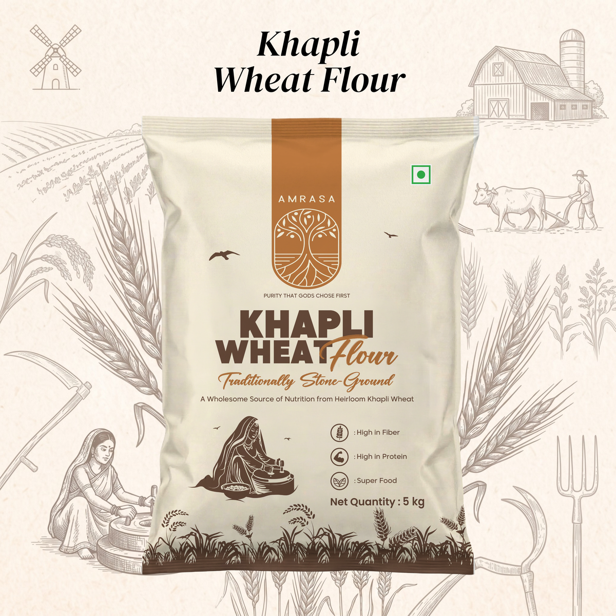 Bag of Khapli Wheat Flour with Amrasa branding on a rustic background